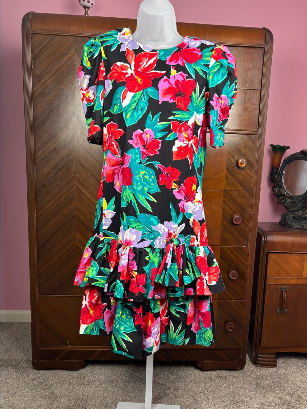 Vintage 80s Floral Ruffle Drop Waist Party Dress | Vintage 11/12 Modern US 10